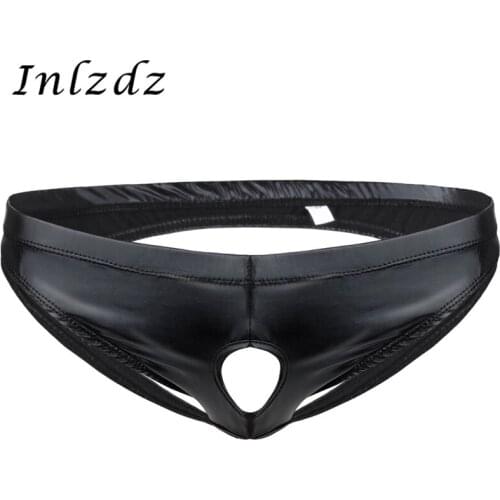 Mens Lingerie Penis Hole Sex Underwear Shiny Leather Shorts Bikini Briefs With Holes Open Butt Sexy Panties Exotic Gay Underwear