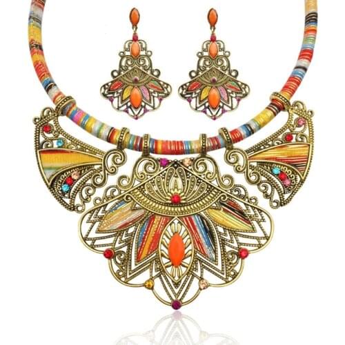 Bohemian Necklace Earrings Set Chunky Enamel Vintage Rhinestone Ethnic Choker N2UE