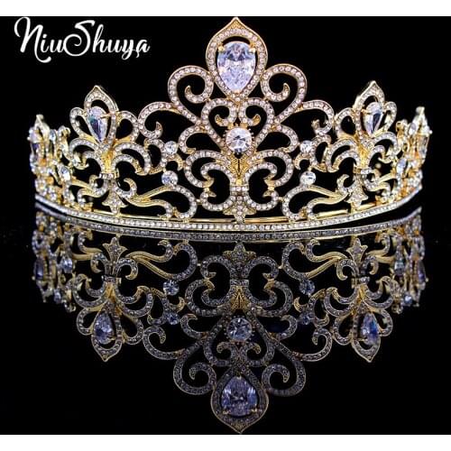 NiuShuya European Bridal Hair Jewelry Zircon Crystal Tiara Headband Queen Pageant Crown Women Diadem Hair Accessories