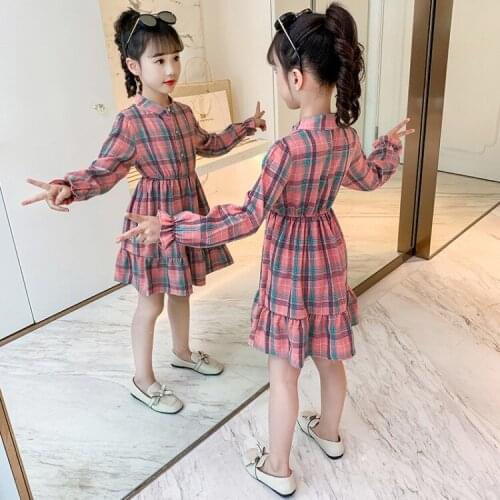 New Spring Girls Dress Long Sleeve Baby Child Stand-up collar Plaid Dresses Kids Cotton Clothing Casual Clothes Children