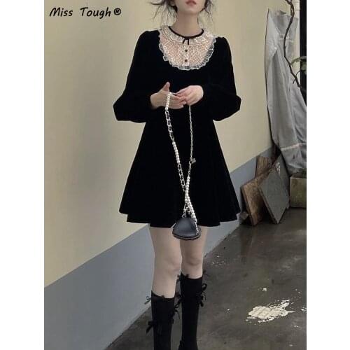 Autumn Retro Hepburn Black Gothic Dress Woemen Lace Patchwork Y2K Kawaii Party Mini Dress Female High Street Korean Dress 2021
