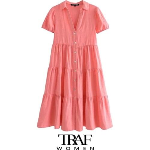 TRAF Za Women Fashion With Panels Linen Midi Dress Vintage Short Elastic Sleeves Button-up Female Dresses Vestidos Mujer