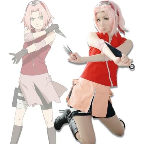 Naruto Shippuuden Cosplay Haruno Sakura 2nd Generation Full Combo Set Costume suit (Tops + Skirt + Oversleeve)