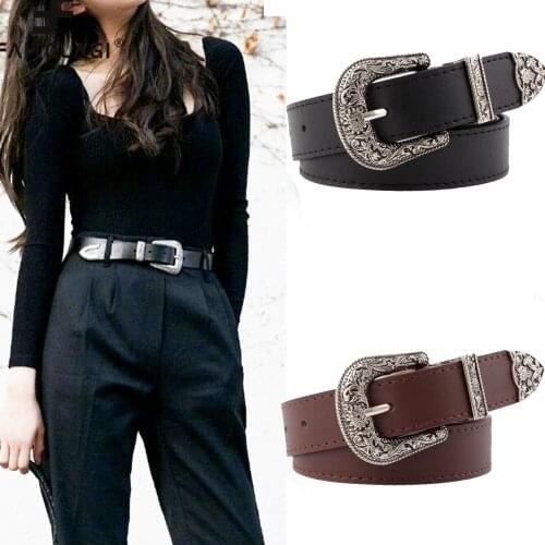 Black Leather Belt Women Metal Buckle Waist Belt Vintage Western Carved Lady Belt Waistband Luxury Designer Brand cinturon mujer