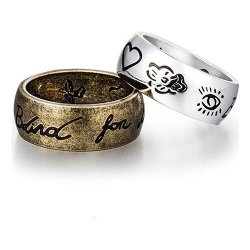 New Retro Couple Rings Heart Eye Birds Flowers Letter Ring For Women Men Engraved Blind for Love Valentines Day Gift