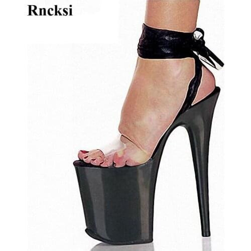 Rncksi 20cm sexy high heel platforms sandals ribbons open toe temptation to shoes 8 inch strappy clear dance shoes black Shoes