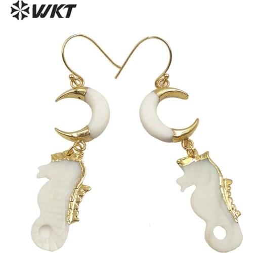 WT-E597 WKT Natural Shell Earrings Gold Electroplated Crescent Horn Shell Hippocampal Shape Shell Earrings Women Fashion Earring