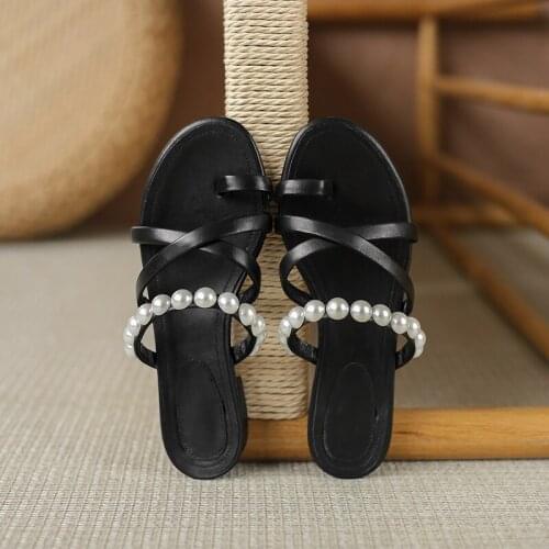 Pearl Decoration Women Slippers Genuine Leather Thick Heels Sandals for Women Summer Casual Basic Shoes Woman 2021