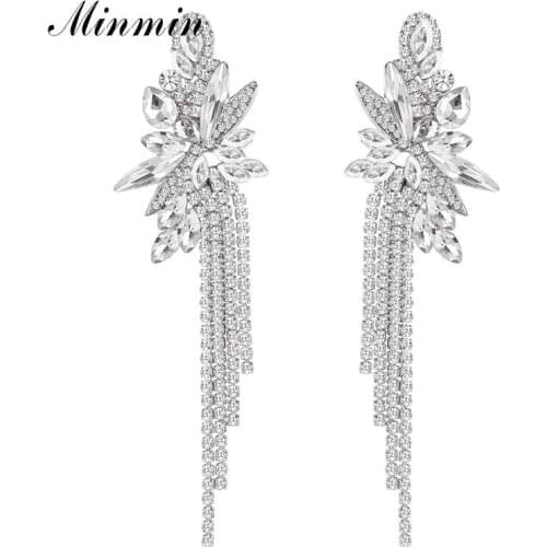 Minmin Sparkling Flower Crystal Tassel Drop Earrings Wedding Jewelry Bridal Silver Color Long Hanging Earrings for Women MEH1624