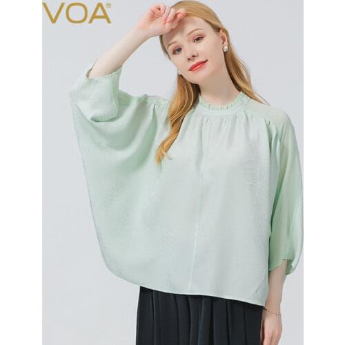 VOA Silk Jacquard Bamboo Spring Bat Sleeve Tees Wood Ear Collar Printing Tops A Button Georgette Stitching T-shirt Female BE721