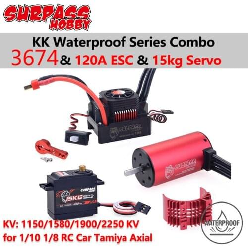Surpass Hobby Waterproof ESC Brushless Motor 3674 1150/1900/2250KV with 120A ESC 15KG Servo for 1/10 1/8 RC Car Tamiya Axial