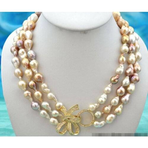 Real 3row 18" 12-16mm baroque white pink lavender reborn keshi pearl necklace