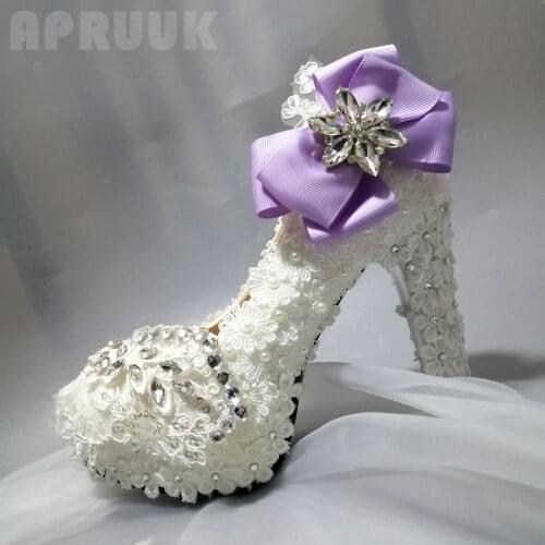 2020 NEW arrival round toes high heeled platforms lace pumps shoes woman purple violet satin bow butterfly-knot rhinestones pump