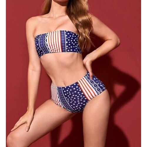 Women Sexy Two Piece Swimsuit High Waist Bathing Suit Beachwear 2022 Summer New Arrival College Wind Flag Blue Bikini Set