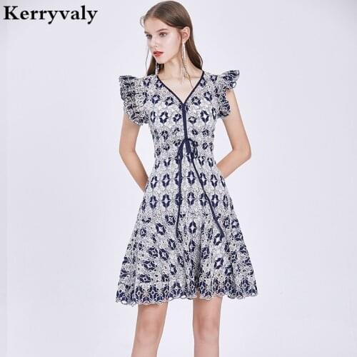 Summer Hollow Varved Embroidered Vintage Lace Dress Robe Femme T 2021 V-neck Crochet Retro Party Dress Dames Jurken K6635