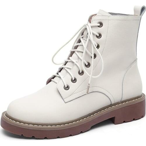 Autumn Winter Women Ankle Boots Leather Fashion Ladies Low Square Heels Lace Up Shoes Woman Black Beige Motorcycle Boots G221