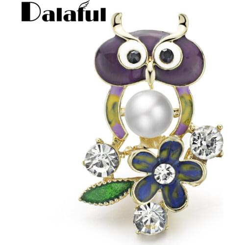 Dalaful Cute Owl Brooches Colorful Enamel Imitation Pearls Flower Rhinestones Crystal Alloy Metal Animal Brooch Pins Z047