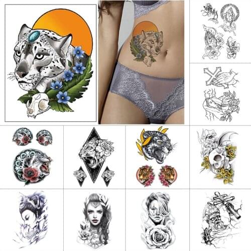 Black temporary tattoo sticker leopard Flowers figure crosses nun skull Waterproof fake tattoo for Arm thigh tatoo sticker