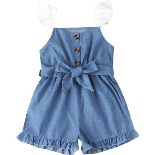 2-6Years Toddler Girls Summer Jumpsuit Splicing Square Collar Sleeveless Button Open Romper with Waist Belt for Children