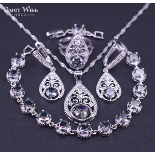 Fashion Multi color Rainbow Zircon For Women Silver Color Jewelry Sets Bracelet Necklace Pendant Earrings Rings Set