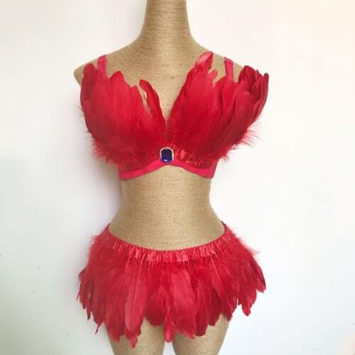 Red Feather Bikini Suit Costumes Nightclub Bar Sexy Performance Rave Wear Women Singer DJ Lead Dance Clothes Stage Outfit 1766