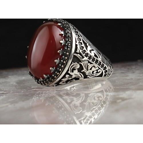 Red Agate Stone Pattern 925 Sterling Silver Men 'S Ring