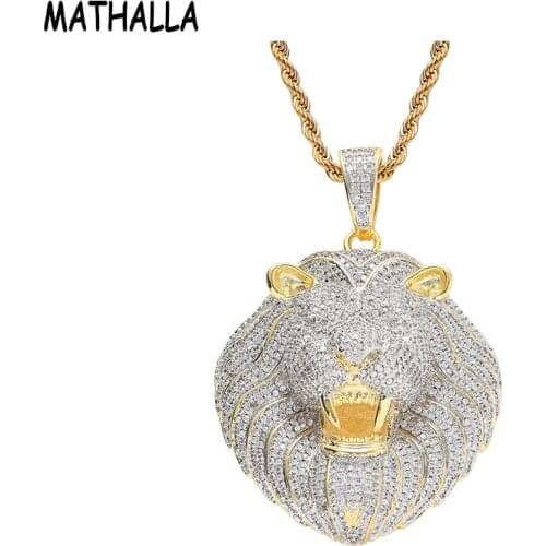 MATHALLA Bling Bling Micro Paved Cubic Zircon Lion Head Pendant Necklace Animal Jewelry Mens Hip Hop Custom Iced Out CZ Pendant