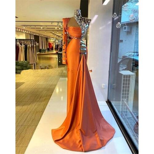 One Shoulder High Neck Orange Evening Dresses With Crystal Beads 2021 Sexy Mermaid Front Split Party Prom Gowns