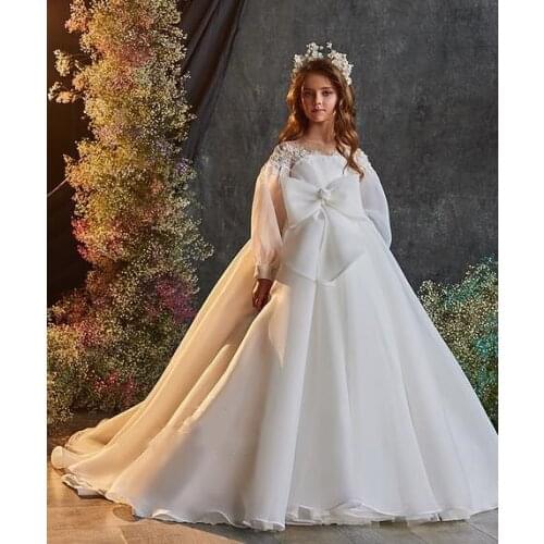 Luxury White Flower Girls Dress Wedding Party Puffy Tulle Celebration Princess Birthday Party Gown Child Size 1-14Y