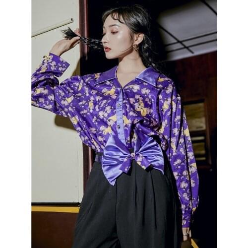 Japanese Style Vintage Printing Shirt Women Bow-Knot Long-Sleeved Loose Blouse Female 2021 Spring Harajuku Top Trendy