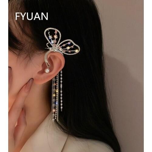 FYUAN Korean Style Long Tassel Rhinestone Earrings Butterfly Crystal Ear Clip Earrings for Women Wedding Party Jewelry