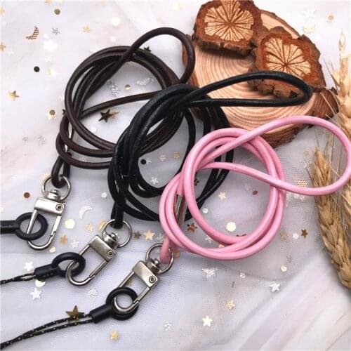Nice Cowhide Genuine Leather Lanyard Round Waxed Rope Neck strap for mobile phone bag work card holder neck straps keys keychain