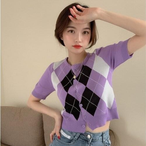 Vintage Geometric Argyle Sweater Cardigan Women Summer Thin Knit Slim Short Sleeve O Neck Outerwear Knitted Ladies Sweaters Tops