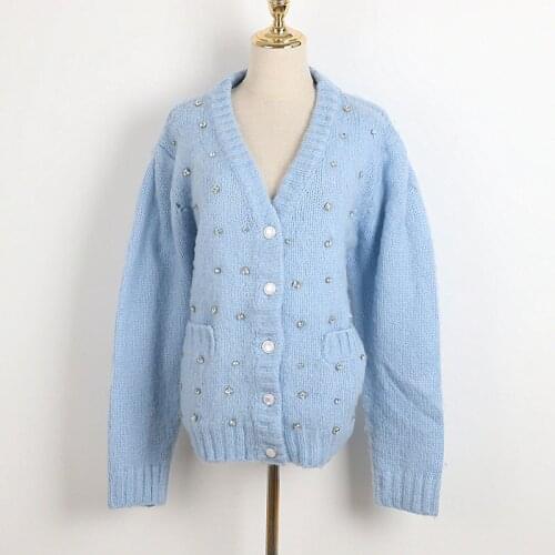 Knit Sweaters Women Cardigan Sweater Top Blue White Beads Long Sleeve Casual Sweater