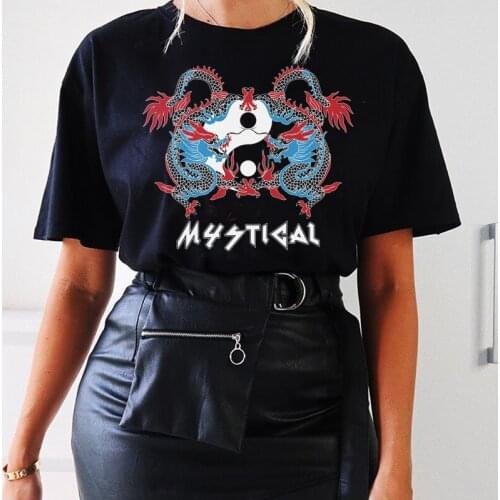 Female Chinese Dragon T Shirt Vintage Y2k Aesthetic Streetwear Top Cotton Short Sleeve Womens T-shirt Grunge Graphic Tshirt