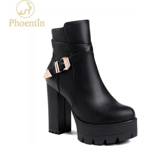 Phoentin ladies platform shoes black 2019 new pu leather super high heel ankle boots zip with buckle ladies shoes fashion FT603