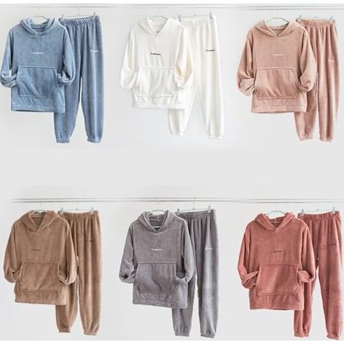 Women Flannel Winter Pajamas Sets Soft Lingerie Top Long Sleeve O-neck Full T-Shirt & Pants Homewear Warm Underwear