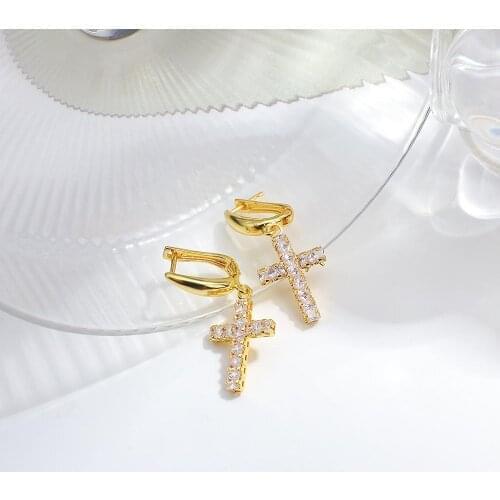 AENSOA Minimalist Copper Zircon Cross Pendant Hoop Earring for Women Gold Color Simple Small Earring Jewelry 2021 Trendy Jewelry