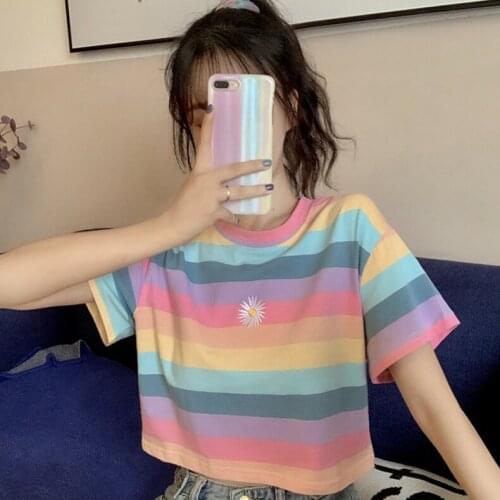 Women Cute Short Sleeve Rainbow Short Sleeve T-Shirts Cropped Top Summer Slim Tee Tops For Women TT@88
