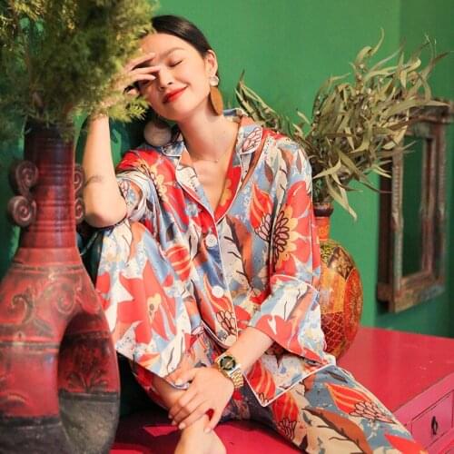 Women Print Floral Pajamas Sets 2PCS Loose Lounge Pyjamas Suit Sleepwear Nightwear Sexy Turn-Down Collar Rayon Home Clothes