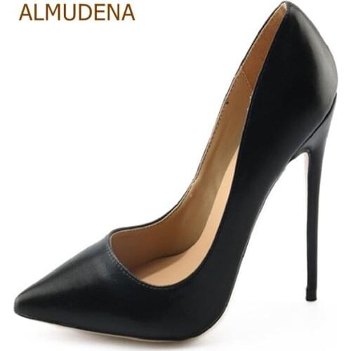 ALMUDENA Women Slip-on Shallow Cut Dress Pumps Black Pointy Toe Stylish Dress Shoes Designer Plus Size Stiletto Heels Dropship