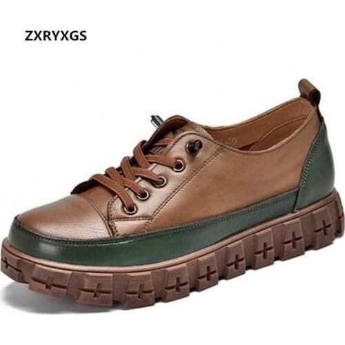 ZXRYXGS 100% All Natural Genuine Leather Shoes Platform Women Flats 2021 New Spring Spell Colors Splicing Fashion Casual Shoes