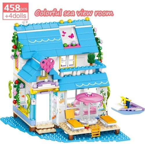 458Pcs Girls Colorful Sea View House Building Blocks Friends Vacation Travel Seaview Rooms DIY Model Bricks Toys Gifts For Kids