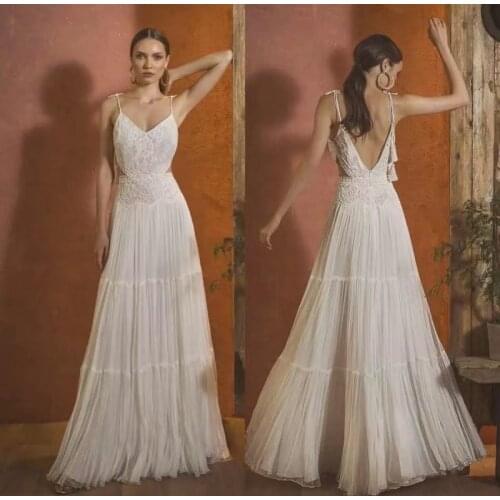 9839# Bohemian Wedding Dresses Spaghetti Straps Lace Appliques Chiffon Bridal Gowns Backless Floor Length A-Line Wedding Dress