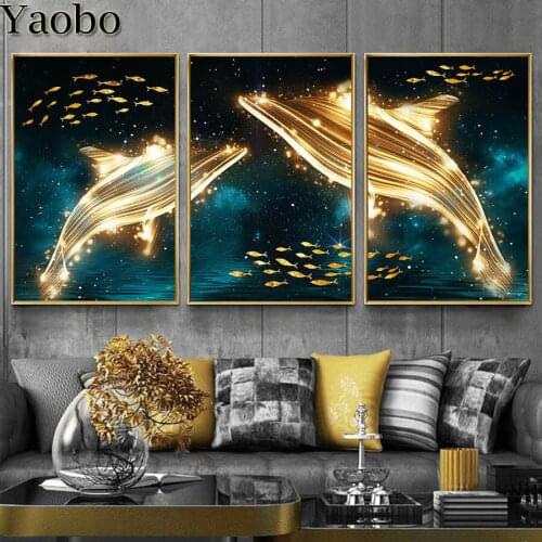 Nordic Abstract Golden Dolphin Fishes Diamond Embroidery 3 pieces DIY Diamond Painting Square Round Diamond Mosaic Cross Stitch