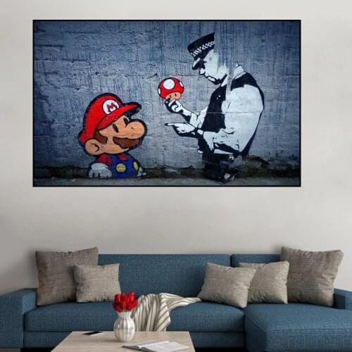 Banksy Art Graffiti Canvas Art Paintings Mario And The Cop Wall Art Pictures Posters and Prints Home Decoration for Living Room