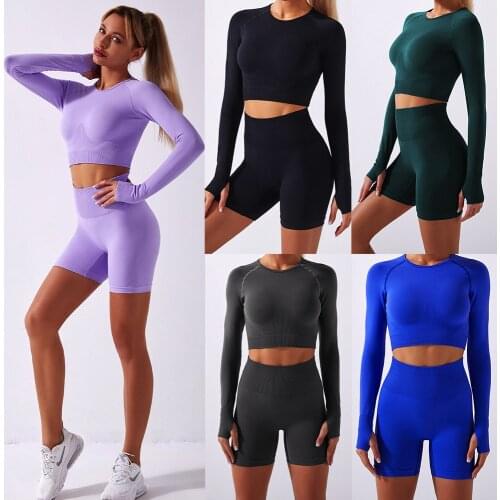 Seamless Gym Shorts Yoga Set High Waist Hips Workout Shorts + Long Sleeve Top Running Stretch Women Sports Fitness Suits