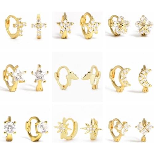 BOAKO 925 Sterling Silver White CZ Crystal Star Moon Cross Flower Huggie Earrings Tiny Circle Second Hole Cartilage Hoop Earring