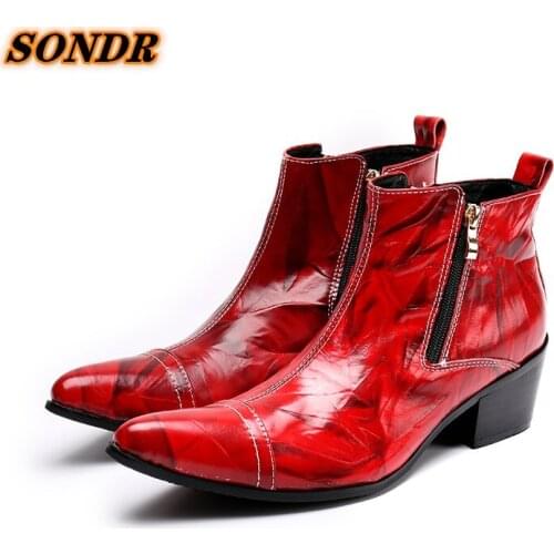 Chaussures Homme Men Chelsea Boots Zipper Waterproof Ankle Boots Men Print Genuine Leather Fashion Pointed Toe Men Boots