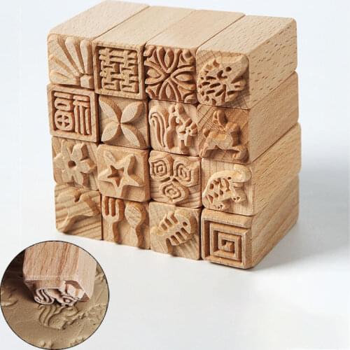 Hand Carved Wooden Stamps For Scrapbooking Sculpture DIY Clay Tools Pottery Printing Blocks Square Emboss Squirrel Leaf Flower